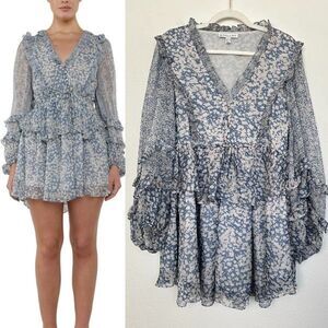 ShonaJoy Candice Balloon Sleeve Silk Tiered Floral Mini Dress Blue Women's Sz 4